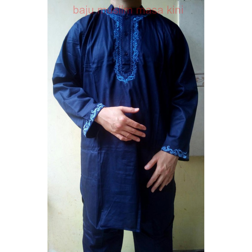 Stelan Baju Koko Pakistan Jumbo XXL Kwalitas Premium + Celana Pangjang - Navy- XXL