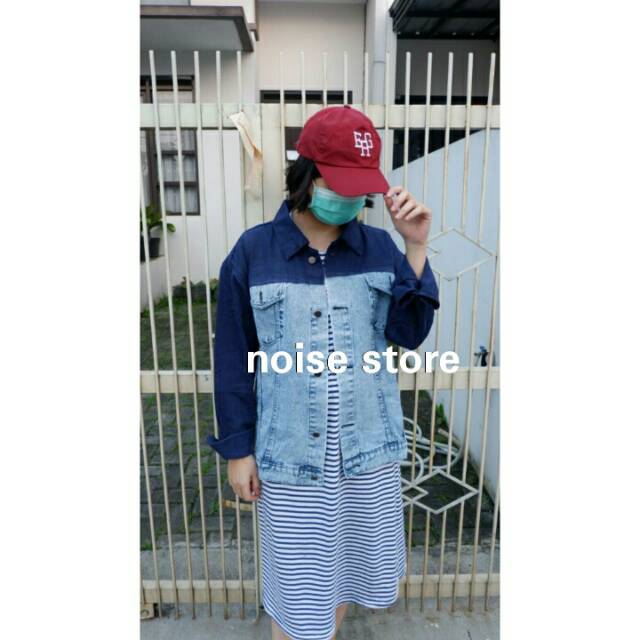 Jaket Jeans 2 Tone Pink, Maroon, Tosca, Mustard, Ijo, Orange, Navy Oversize