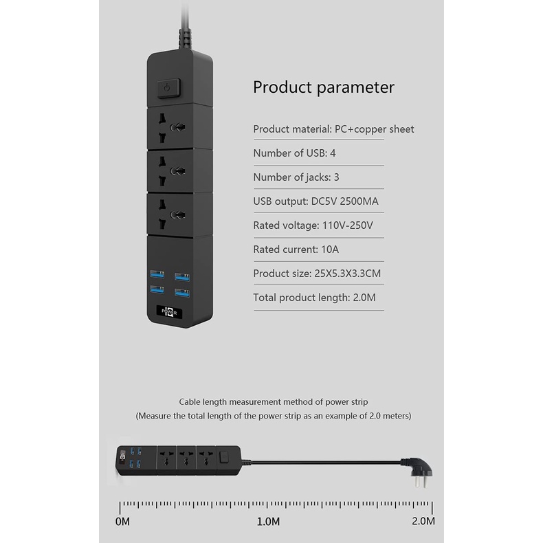 Lucky Hawk T18 2M Power Strip Stop Kontak 3 Power Socket 4 USB Port