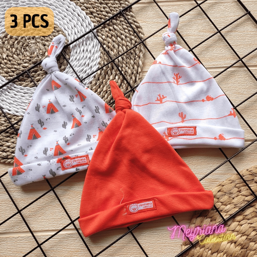 3 PCS Topi Bayi Kupluk Kuncung Bayi Baru Lahir Seri Orange Lucu Usia 0-3 Bulan Meyriana Collection