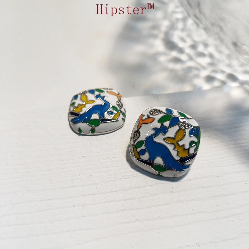 New Hot Fashion Classic Colorful Enamel Square Stud Earrings Painted Flower and Bird Stud Earrings