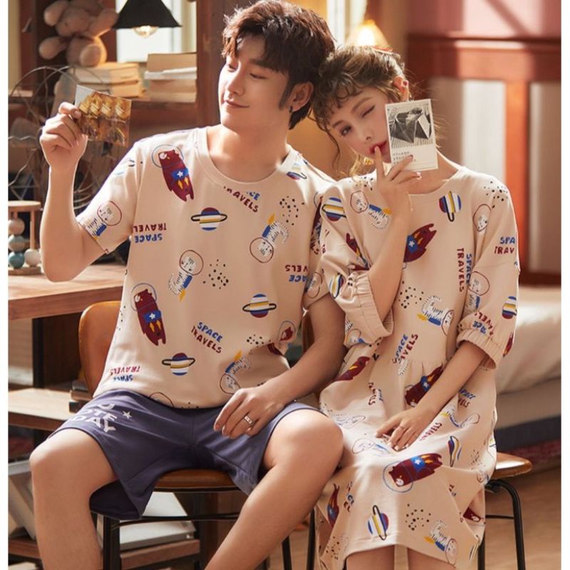SETELAN BAJU KAOS DASTER COUPLE PIYAMA BAJU TIDUR PASANGAN SUAMI ISTRI FAMILY LENGAN PENDEK IMPORT K