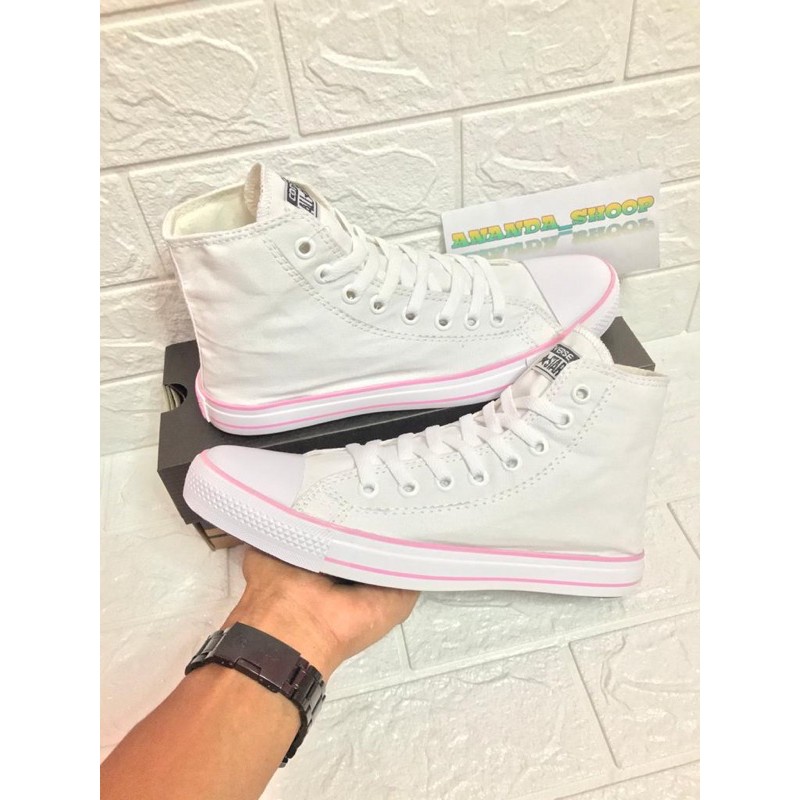 TERBARU!!!SEPATU GROSIR SNEAKER HI /BOOT WHITE FREE BOX-HI PUTIH LIS PINK