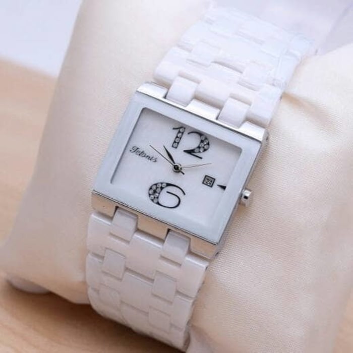 Jam Tangan Wanita / Cewek Tetonis Original Rantai Ceramic Silver White