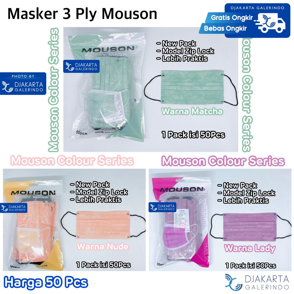 Masker 3Ply Mouson Earloop Pastel Nude Navy Maroon Yellow Matcha - isi 50 Pcs
