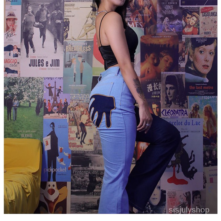 #Sisjuly# Celana Jeans Pinggang Tinggi Wanita Sablon Kontras Retro Tipis Wanita Celana Kaki Lebar Ti