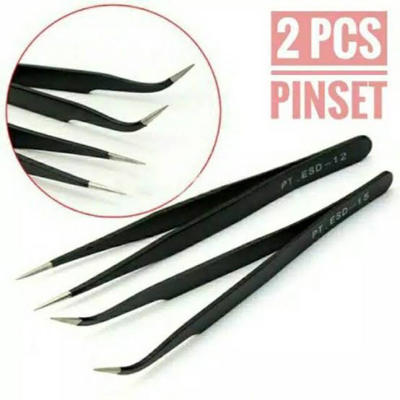 2pcs Pinset bengkok + lurus acc picker nail art tweezer nailart eyelash extension nailart tweezer