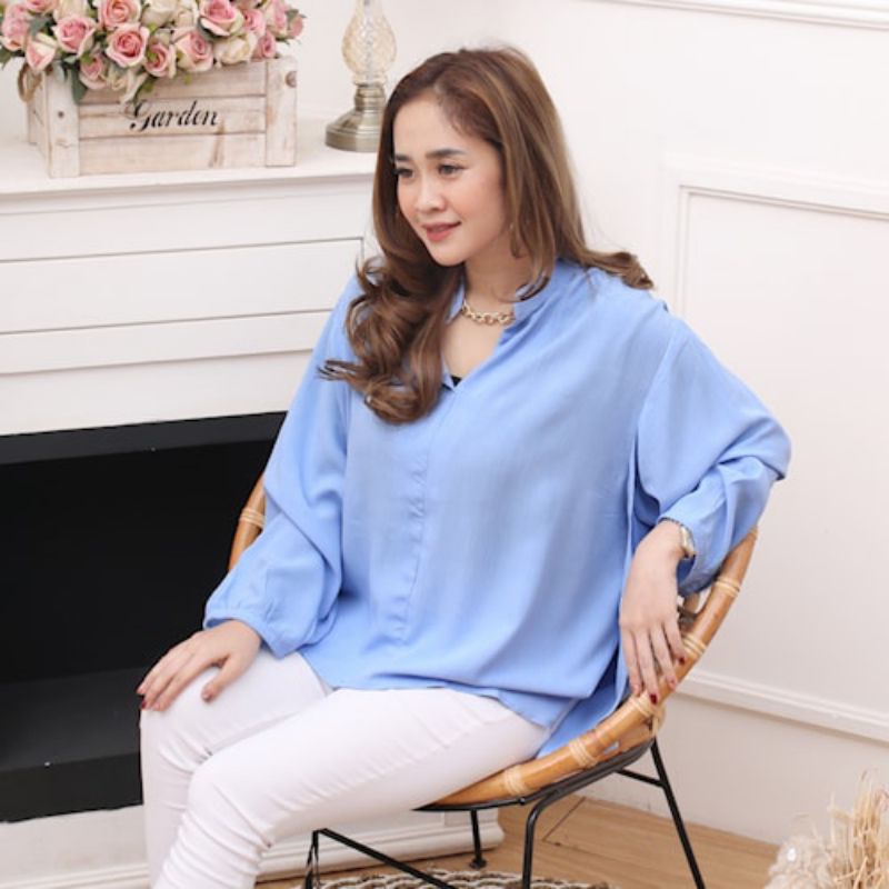 KEMEJA BLOUSE OVERSIZE RAYON CRINKLE - AZURE BLUE