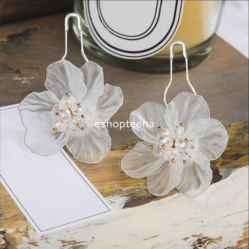 A89 Anting hijab bunga akrilik kristal white_anting jilbab