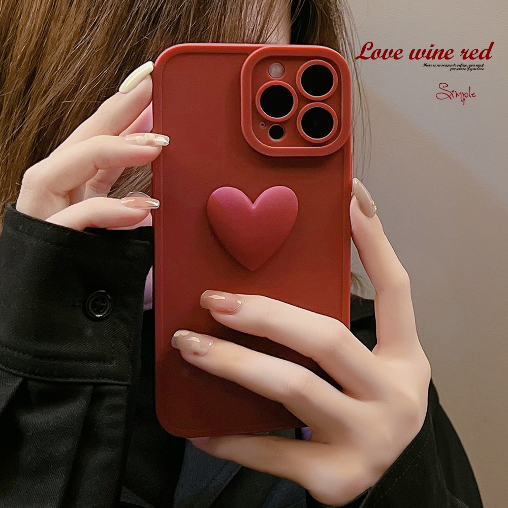 Case Pelindung Penuh Desain Hati 3D Warna Wine Red Polos Untuk Iphone 7 8 PLUS XR XS 11 12 13 MINI PRO MAX SE