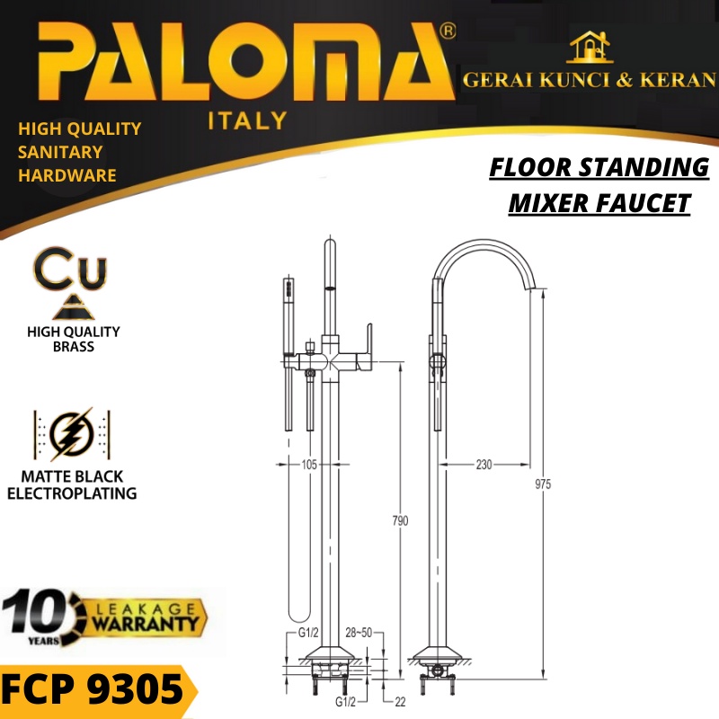 PALOMA FCP 9305 Keran Mixer Bathtub Lantai Floor Panas Dingin Kran Air HITAM BLACK MATTE