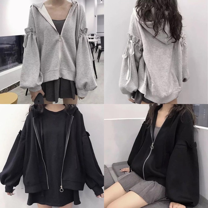 EMILY HOODIE ZIPPER Tangan Serut Wanita Oversize Fashion Terkini Ala Korean OOTD Kasual Desain Simple