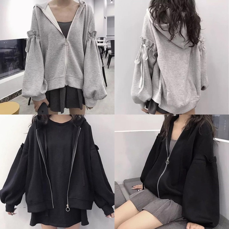 EMILY HOODIE ZIPPER Tangan Serut Wanita Oversize Fashion Terkini Ala Korean OOTD Kasual Desain Simple