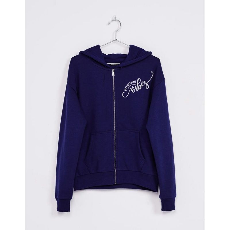Jaket Hoodie Wanita Atasan POSITIVE VIBES Bahan Babyterry-NAVY