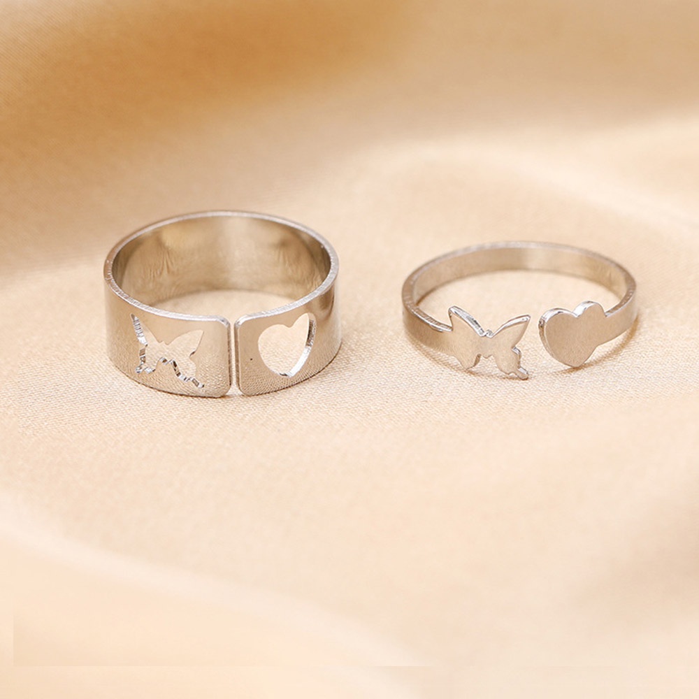 2pcs / Set Cincin Model Terbuka Bahan Metal Desain Kupu-Kupu + Hati Warna Gold / Silver Adjustable Untuk Wanita
