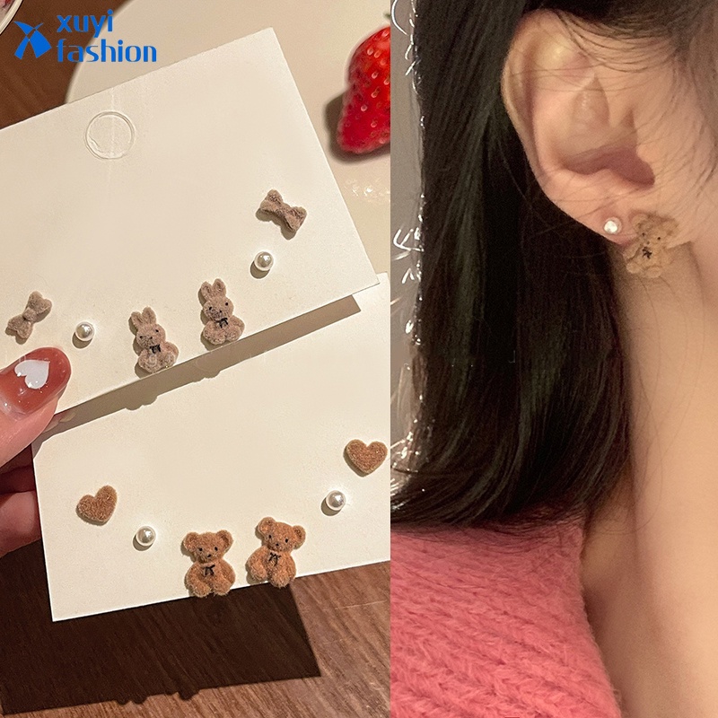 3 Pasang / set Anting Mutiara Bentuk Beruang Kelinci Pita Hati Untuk Wanita