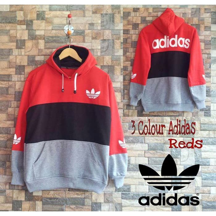 JAKET HOODIE SWEATER ADIDAS COMBI 3 WARNA MERAH HITAM ABU PREMIUM