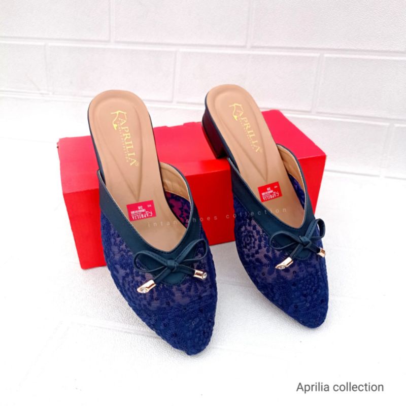 Aprilia sepatu sandal brukat pesta wanita hak tahu 3cm-sandal bustong brukat kondangan-sendal slop wanita slip on anti licin-mules pesta wanita