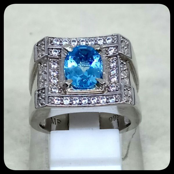 CINCIN BATU AKIK PERMATA NATURAL BLUE TOPAZ LONDON RING ALPAKA SUPER MEWAH GLAMOUR INDAH MEMPESONA