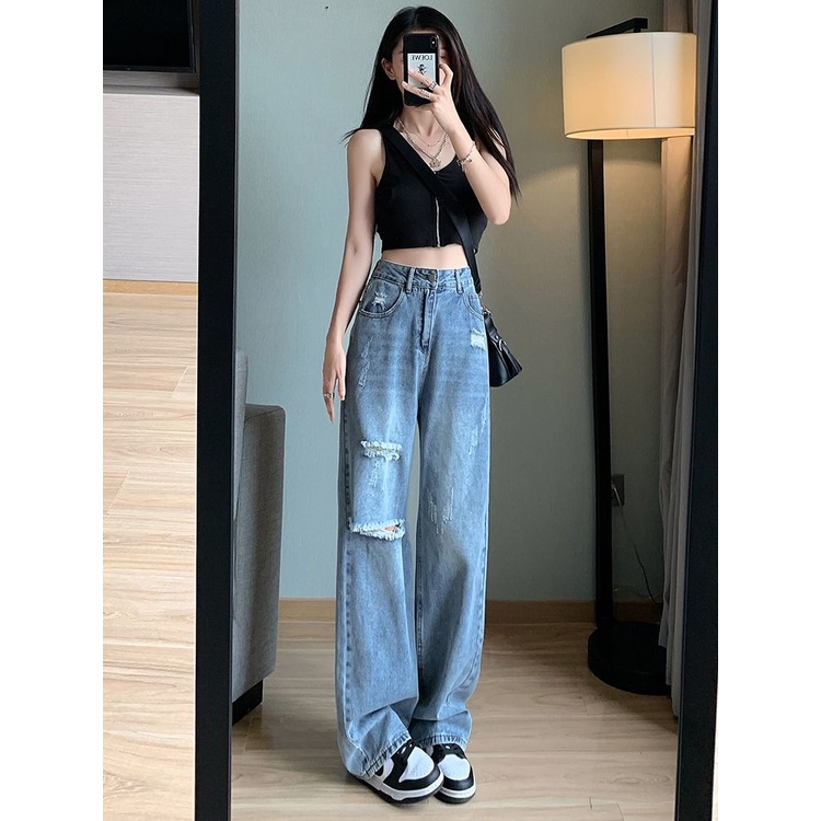 jeans import boyfriend celana wanita ripped highwaist panjang kekinian 2023 korean style ootd