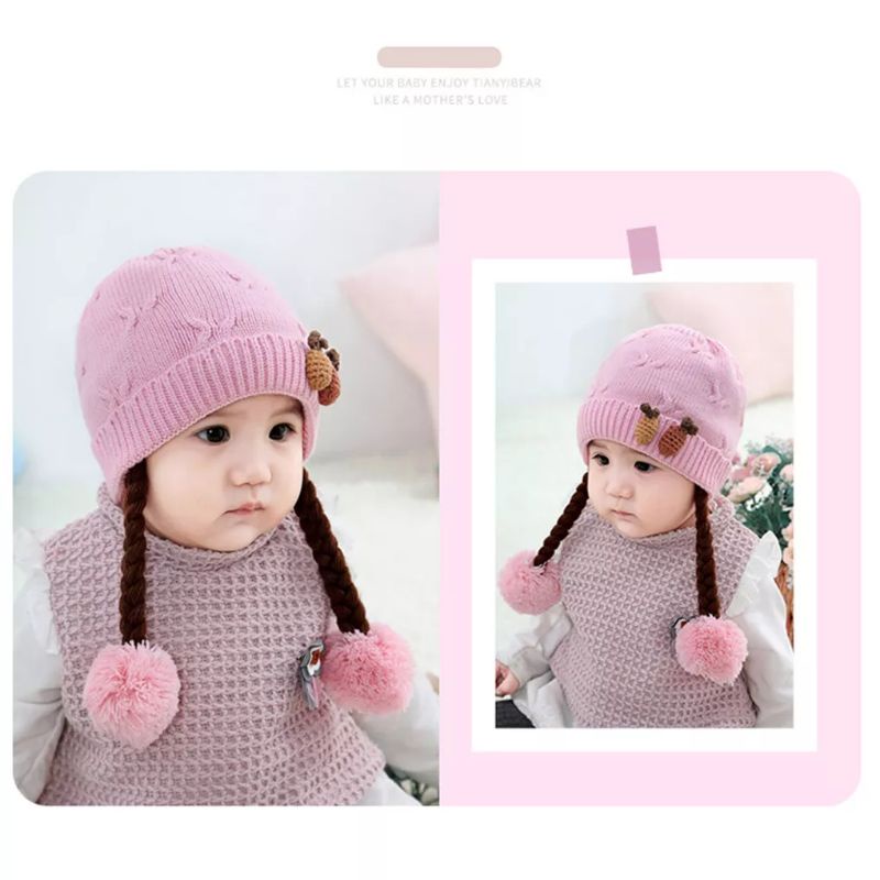 JF COLLECTION [Bordir Nama] Topi Kupluk Rajut Kepang Anak Bayi Perempuan Hiasan Nanas Rambut Kuncir-1