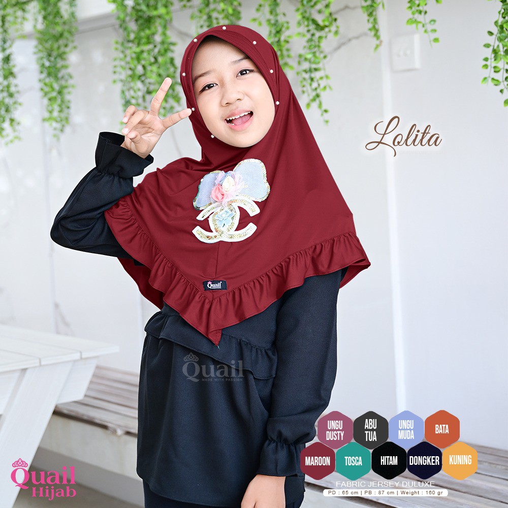 LOLITA Daily hijab anak hiasan mutiara pada ped dan pita Quail Hijab bahan jersey Ori Murah