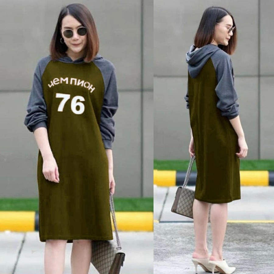 BAJU DRESS WANITA KOREA BAJU CASUAL DRES KAOS TERUSAN PEREMPUAN HOODIE SEVENTYSIX
