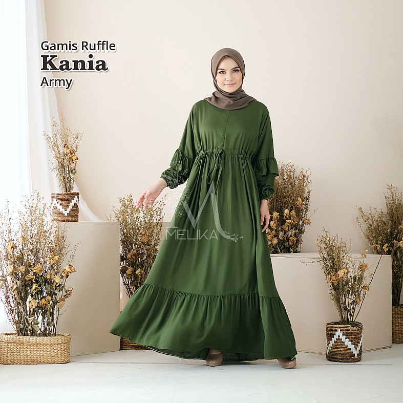 Gamis Wanita Dewasa Bahan Rayon Premium Adem Polos Busui Friendly Ruffle Kania Hijau Botol Army