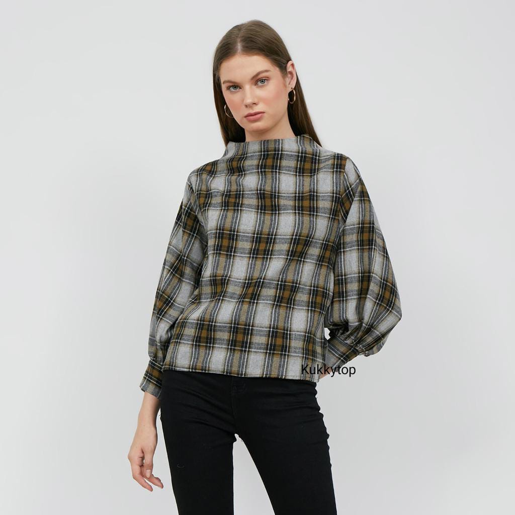 Kukky Top Blouse Wanita Kotak Flanel Tangan Balon 12050