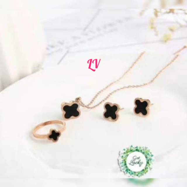 Kalung set titanium asli anti karat rosegold/gold dpt 3 mcm