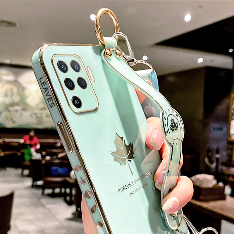 Case Motif Daun Maple Dengan lanyard Untuk OPPO Reno 5F 5Lite A94 F19 Pro