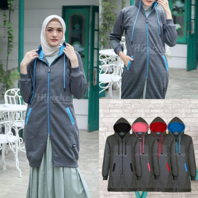 Jaket Tebal Wanita Hijab Hijacket Basic Sweater Hijaket Hoodie Original Model Polos Panjang-Grey blue
