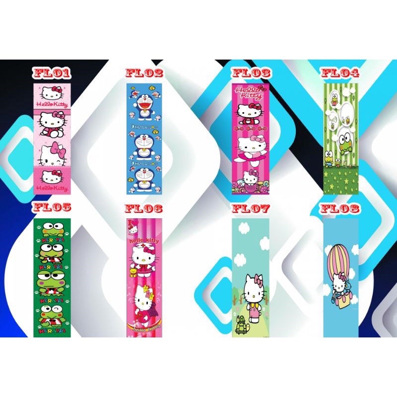 stiker lemari kaca pemasangan dari dalam motif hello kitty dan keroppi