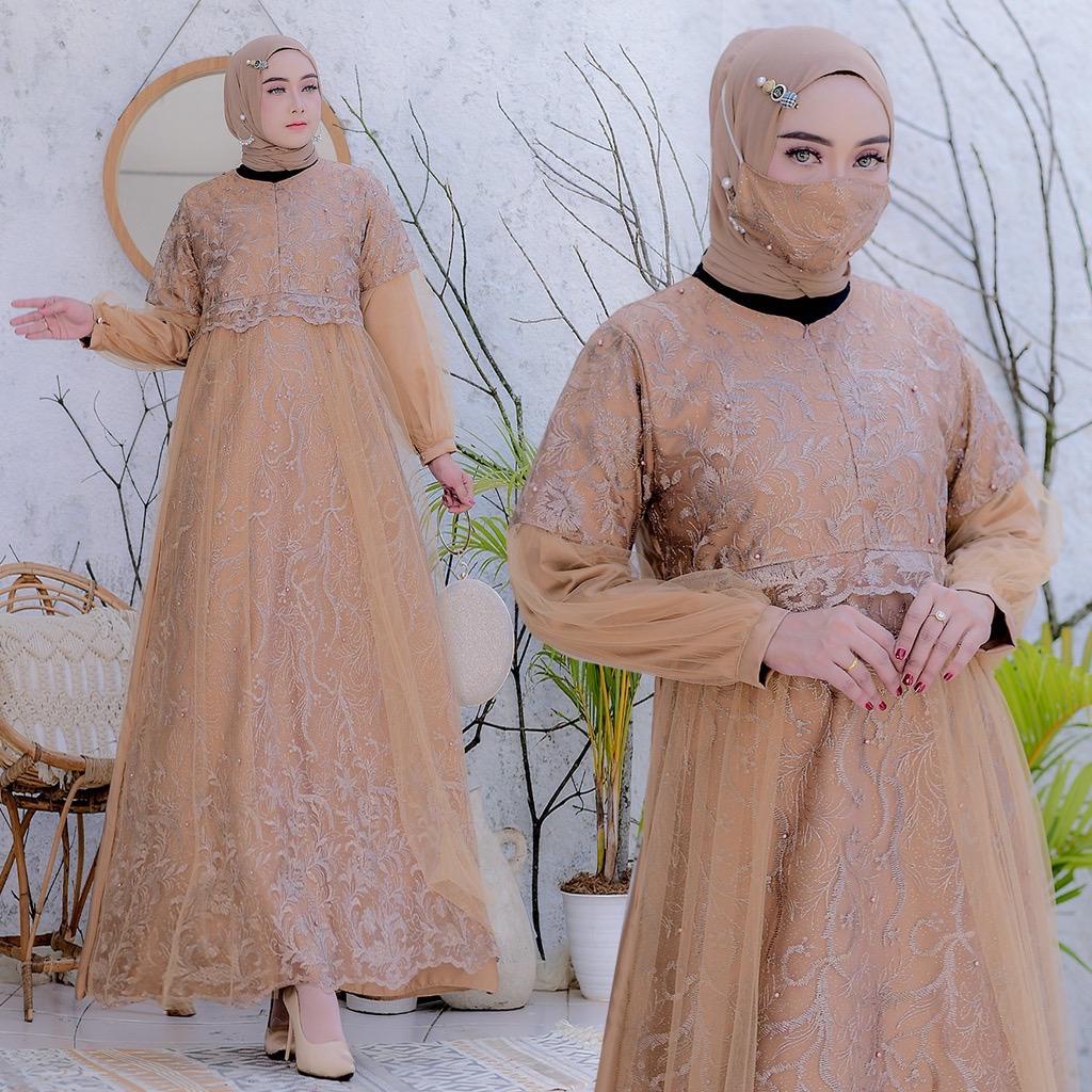 (Free Masker Brukat) SELVINA Gamis Terbaru Busui Satin mix Brukat Tile Mutiara Kombinasi / Maxi Dress Wanita Size S-M, L , XL, XXL / Gamis Pesta / Gamis Kondangan