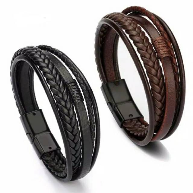 GELANG FASHION 5 LAYERS PRIA BRACELET KULIT LEATHER PREMIUM HITAM BLACK