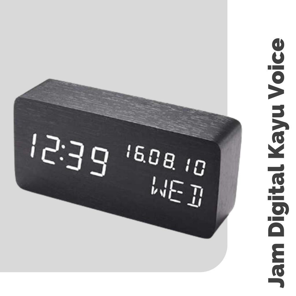 Jam Meja Weker Digital Aesthetic Alarm Kayu Digital Voice Control Tanggal Bulan Tahun Kalender