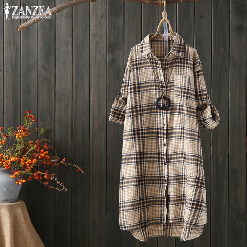 ZANZEA Women Plaid Casual Button Down Plus Size Loose Blouse