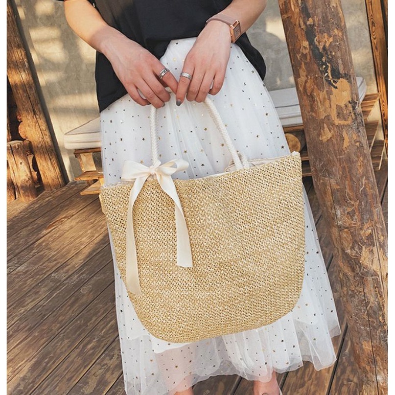 Tas Wanita Pita Serut Anyam TW205 Jerami Woman Straw Woven Bag Rattan Ribbon Boho Style