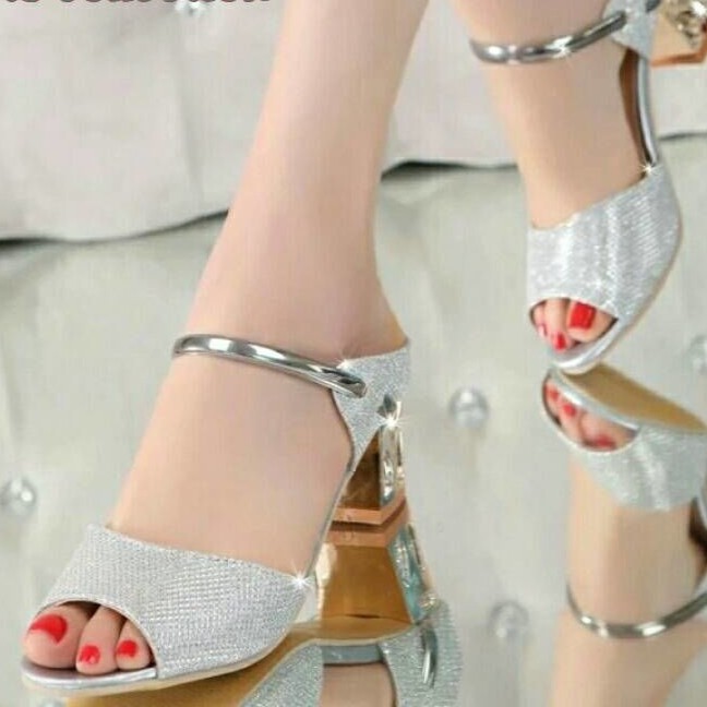  SANDAL  HIGH HEELS CEWEK WANITA KOREA HAK  TAHU SILVER MODIS 