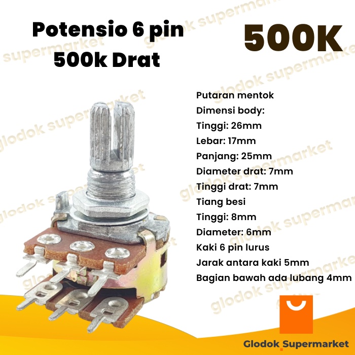 Potensio 6 pin 500k Drat Stereo Kaki 3-3 Lurus Volume Mixer 504