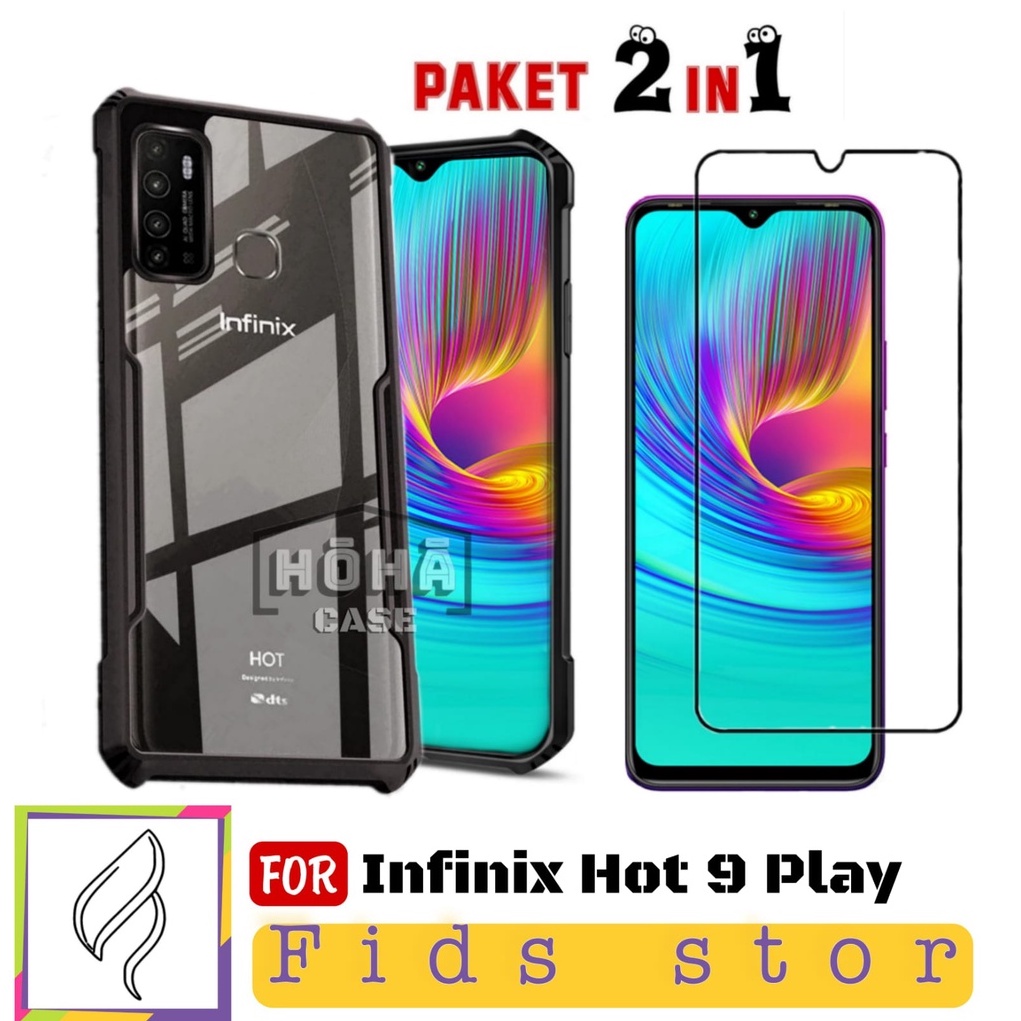 PROMO 2in1 CASE ShockProof Transparan Infinix Hot 9 Play Free Tempered Glass Full Layar List Hitam