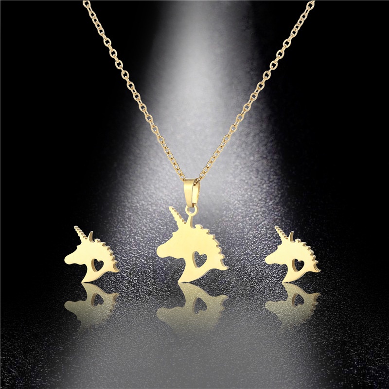 Aksesoris baru Eropa dan Amerika stainless steel unicorn anting-anting dan kalung set perempuan hewa