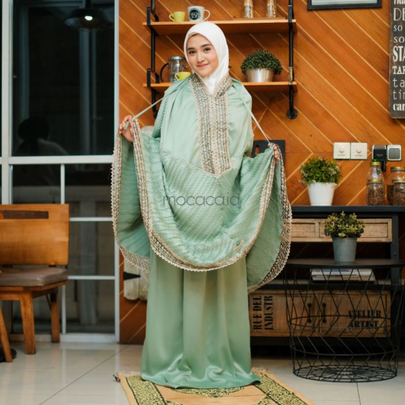 mukena 2 in 1 dewasa mewah premium edition  hijau semen muda elegan sage velvet anti kusut  bisa cod gosend bandungfree tas cantik jumbo