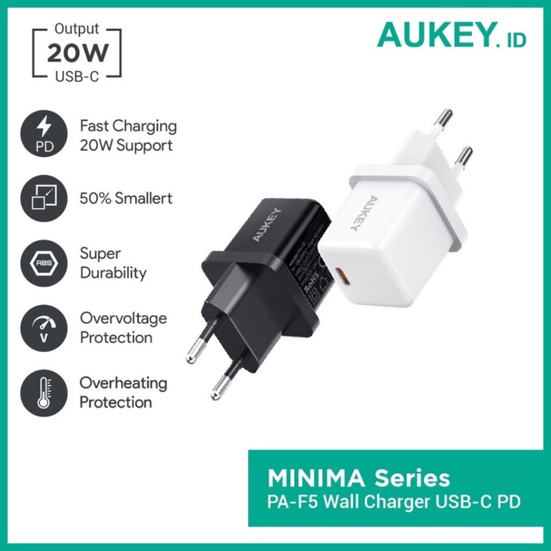 Travel Adaptor / Wall Charger Aukey PA-F5 Minima 20W Fast Charging Usb Type C PD Power Delivery 3.0 