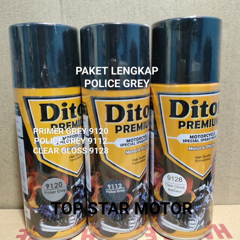 Pilok Paket Lengkap Cat Diton Premium Primer Grey 9120 Police Grey 9112 Clear Gloss 9128 400cc.. Pilok Paketan Police Grey Cat Semprot Diton Premium 400cc