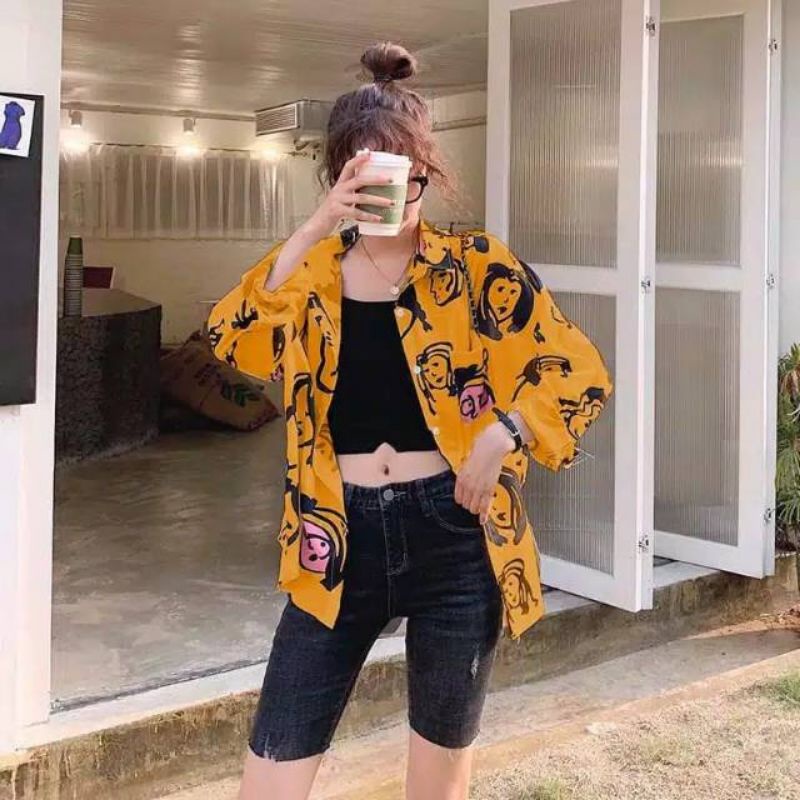 KEMEJA OVERSIZE LEHER KAPEL KARTUN LENGAN PANJANG KEMEJA WANITA LENGAN PANJANG