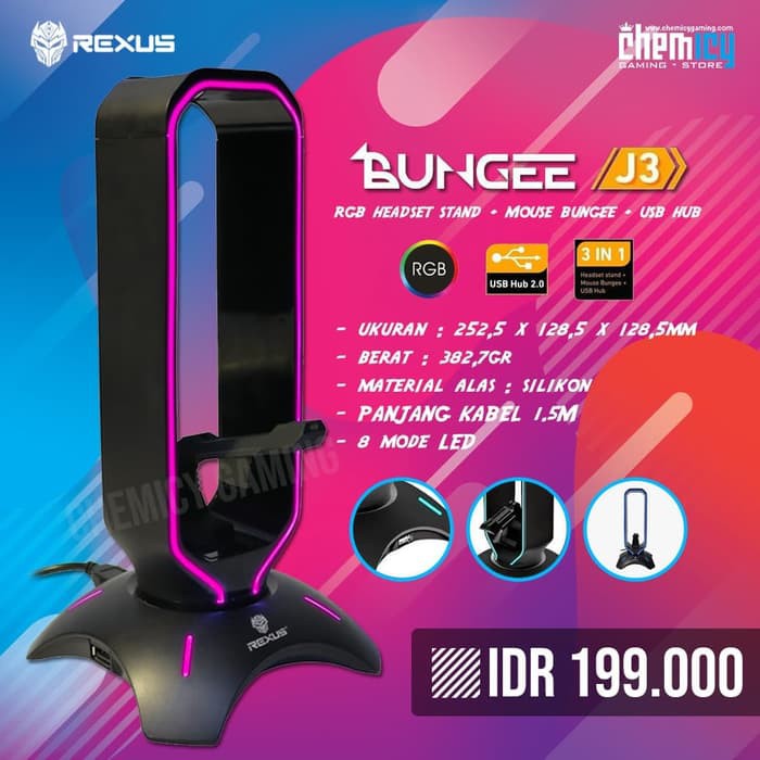 Rexus J3 RGB Headset Stand Bungee with USB Hub