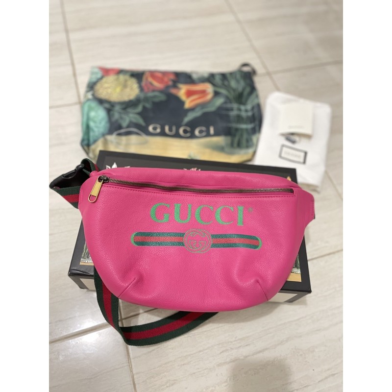 Tas gucci print leather bag waist bag tas pinggang gucci pink vip authentic