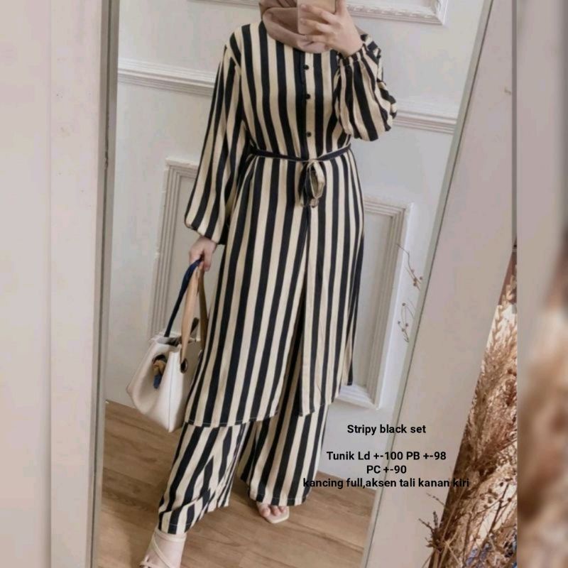 SETELAN PIYAMA WANITA PREMIUM HIGH QUALITY // LD 100 - 110 ONE SET RAYON MOTIF BARU // SET RAYON-Stripy hitam longset