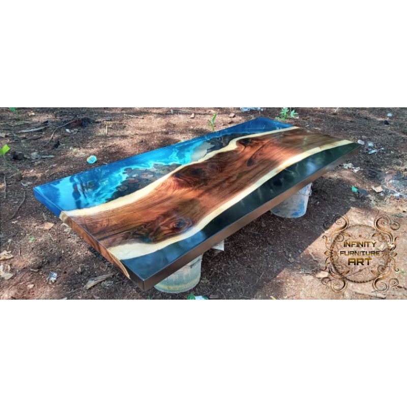 MEJA RESIN TABLE JATI TPK MOTIF PANTAI MEJA MAKAN RESIN UNIK